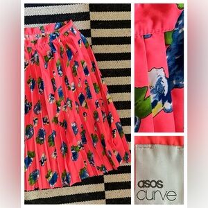 ASOS Curve pleated fluorescent pink floral midi  skirt- 33" waist